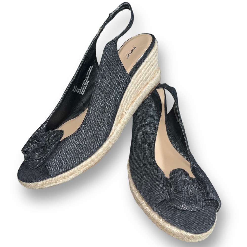 AVENUE Metallic Denim Espadrille Peep Toe Sling Back Wedge Sandals Heels 13